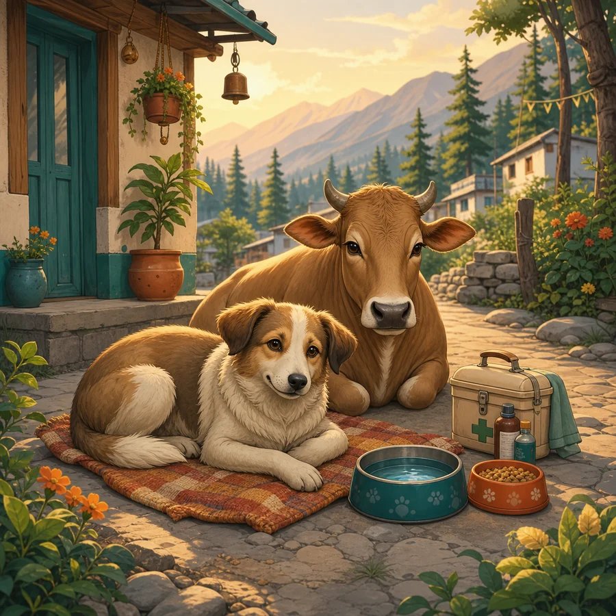 A gentle illustrated street dog and cow resting safely in a mountain lane
