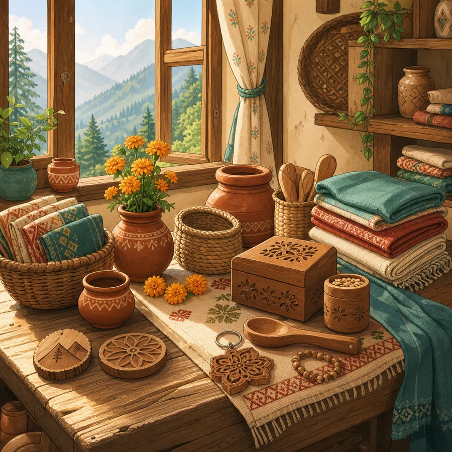 A cozy illustrated table of handmade Uttarakhand craft