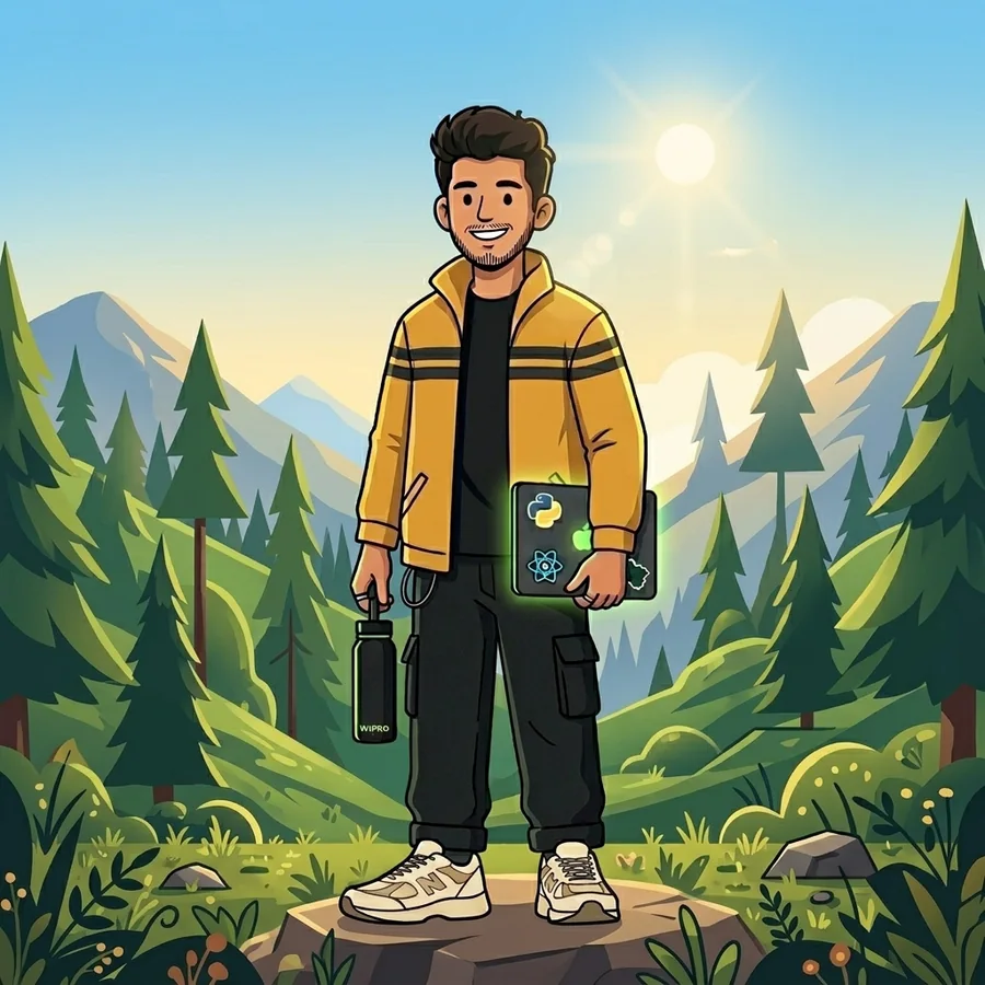 A warm illustrated mountain home path at sunrise