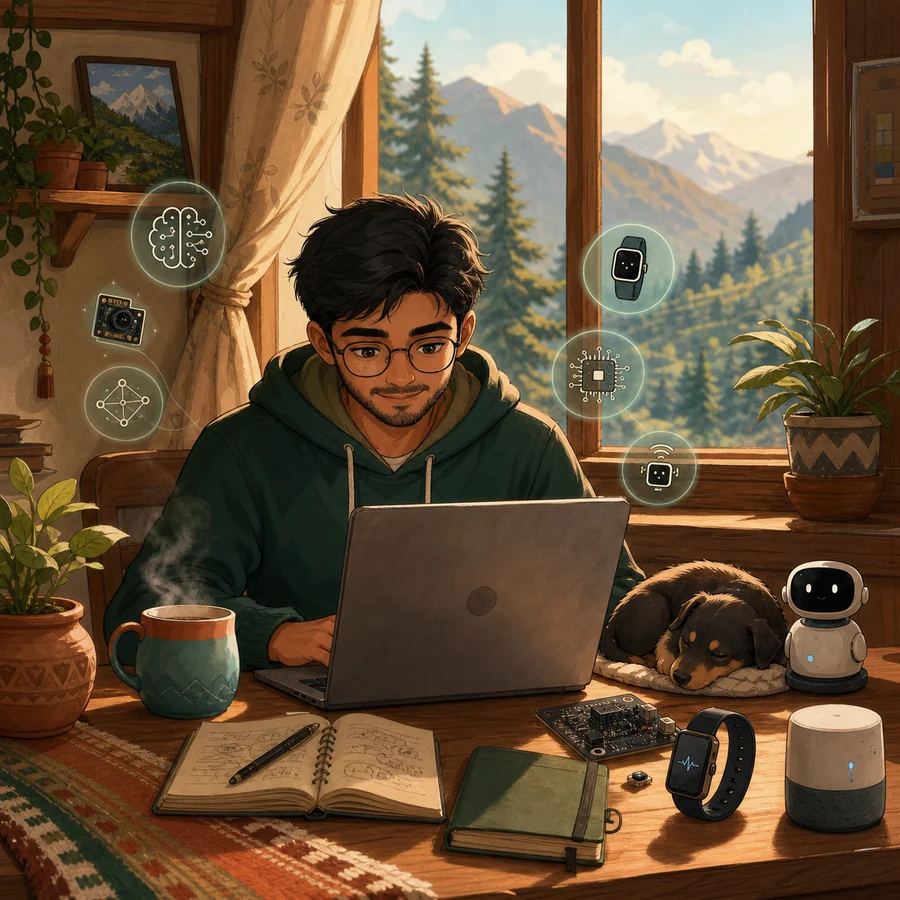 A cozy illustrated AI engineer working at a mountain home desk
